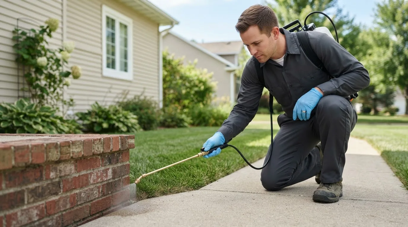 Pest control technician treating a home near Honoraville, AL